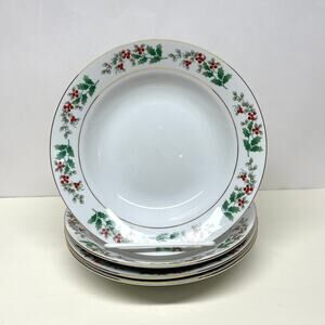 Gibson Designs Christmas Charm Shallow Bowl Holly Gold Trim Set of 4